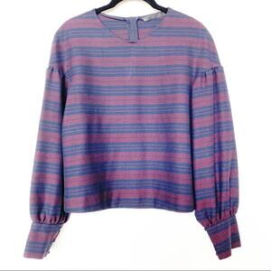 Zara Maroon Navy Stripe Bubble Sleeve Top Size Large